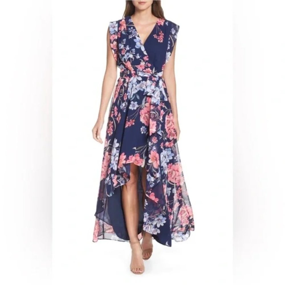 Eliza J Floral High Low Faux Wrap Chiffon Dress Size 8
